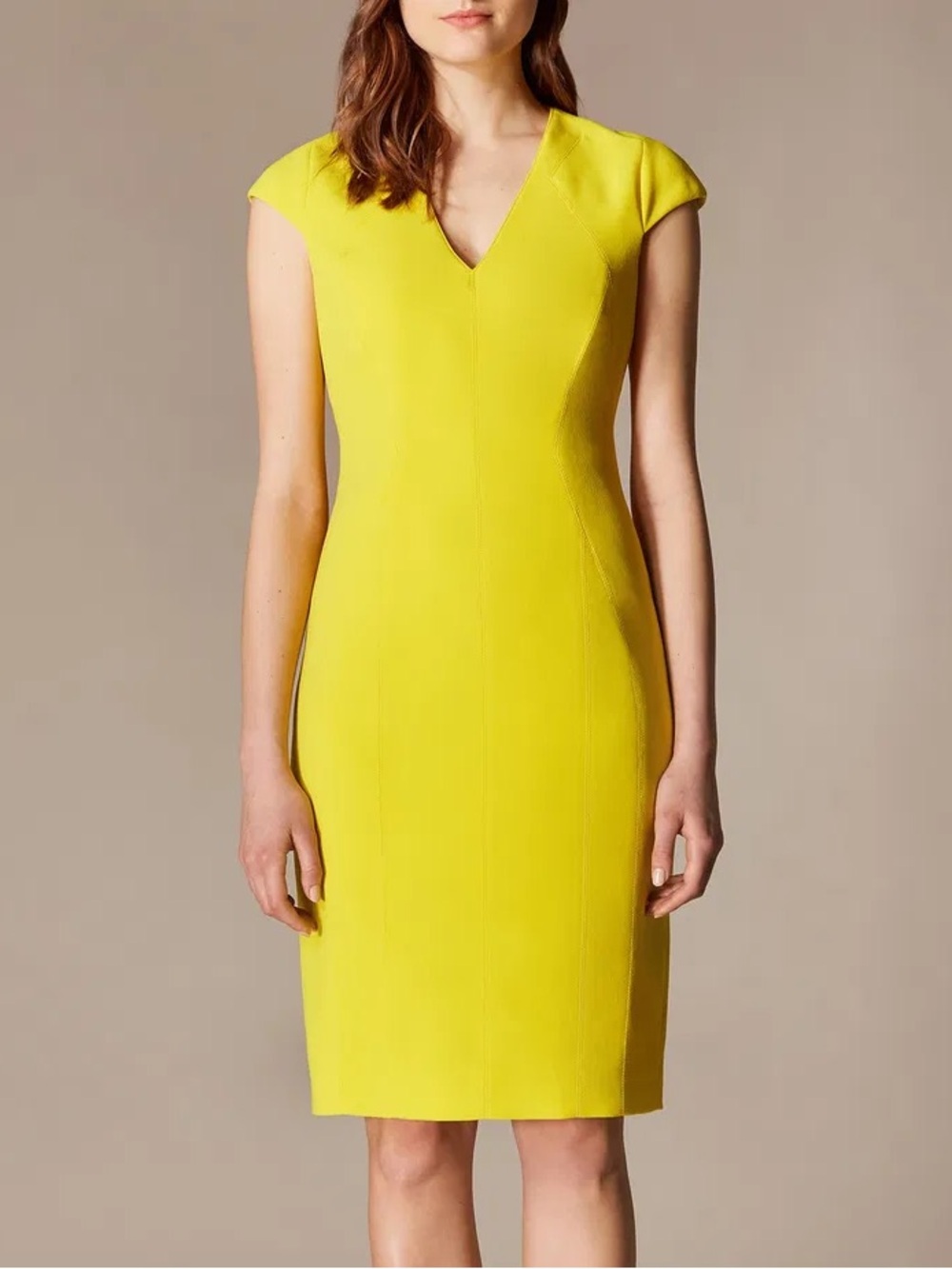Karen Millen V-Neck Pencil Cap Sleeve Sheath Midi Dress Size 6 in Yellow